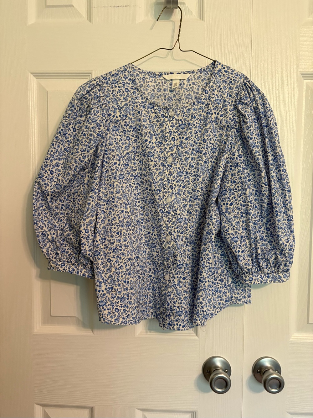 H&M Blue Floral Puff-Sleeve Blouse